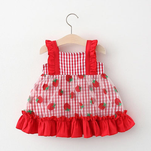 Summer New Girls' Sleeveless Dress Strawberry Mesh Printed Dress